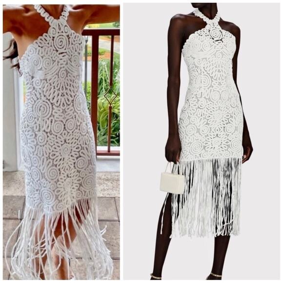 Jonathan Simkhai White Alisa Lace Fringe Halter Bridal Midi Dress Size 6 - Picture 2 of 14